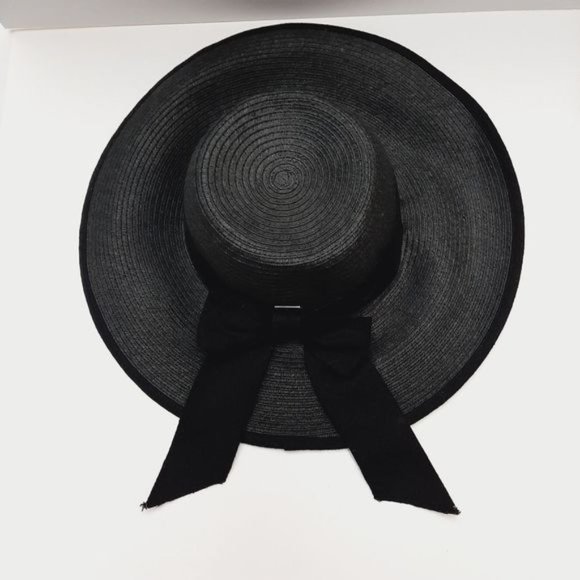 DELUX Woven Summer Floppy Brim Hat Lightweight Black w/Ribbon Sz S - M - Picture 3 of 15